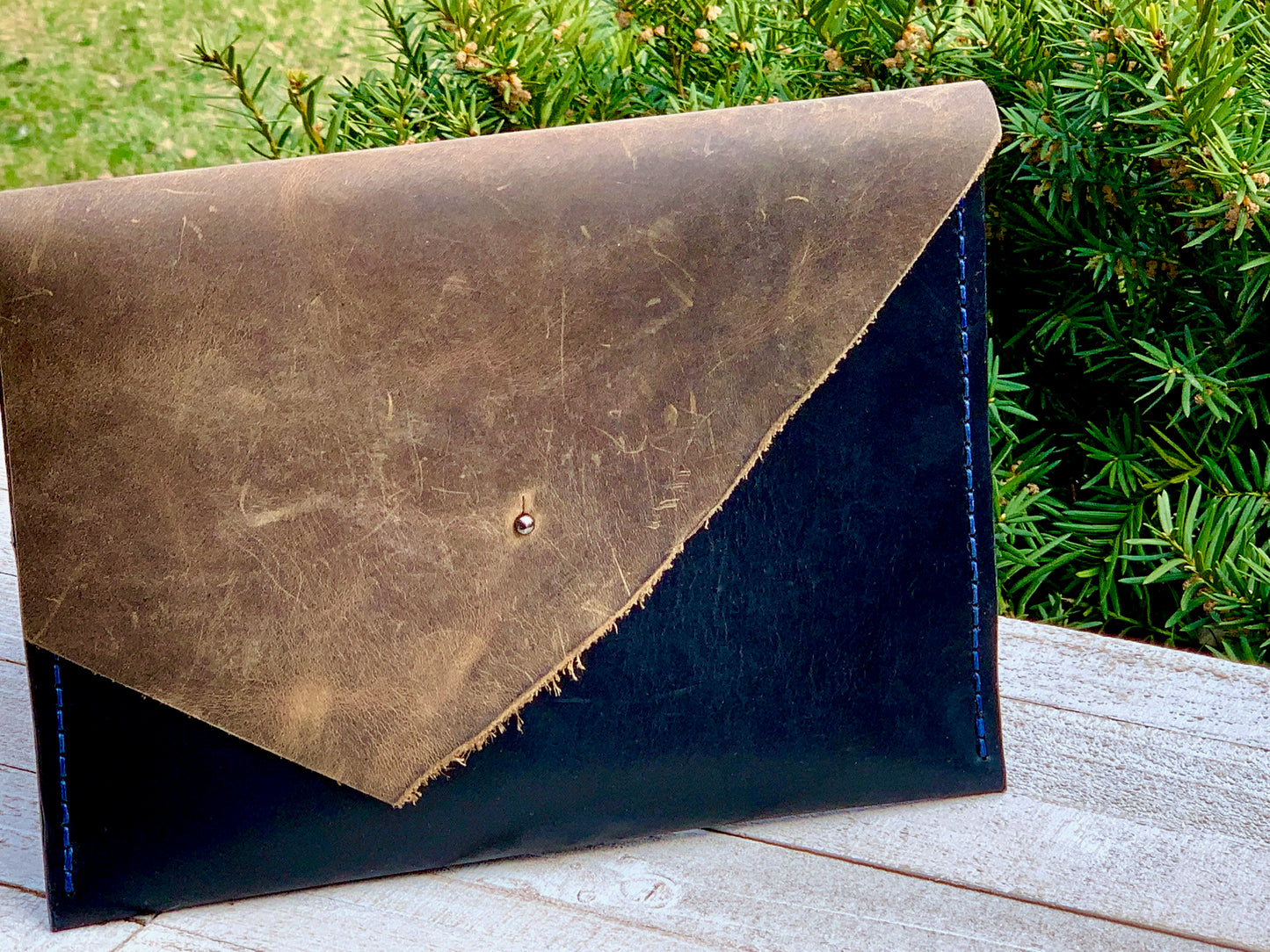 Black and Brown Leather Envelope Clutch Hand Sewn