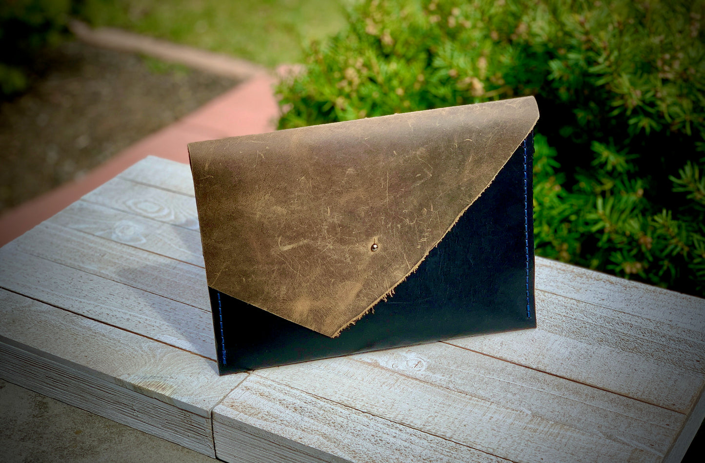 Black and Brown Leather Envelope Clutch Hand Sewn