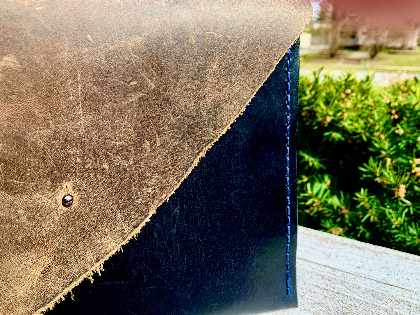 Black and Brown Leather Envelope Clutch Hand Sewn
