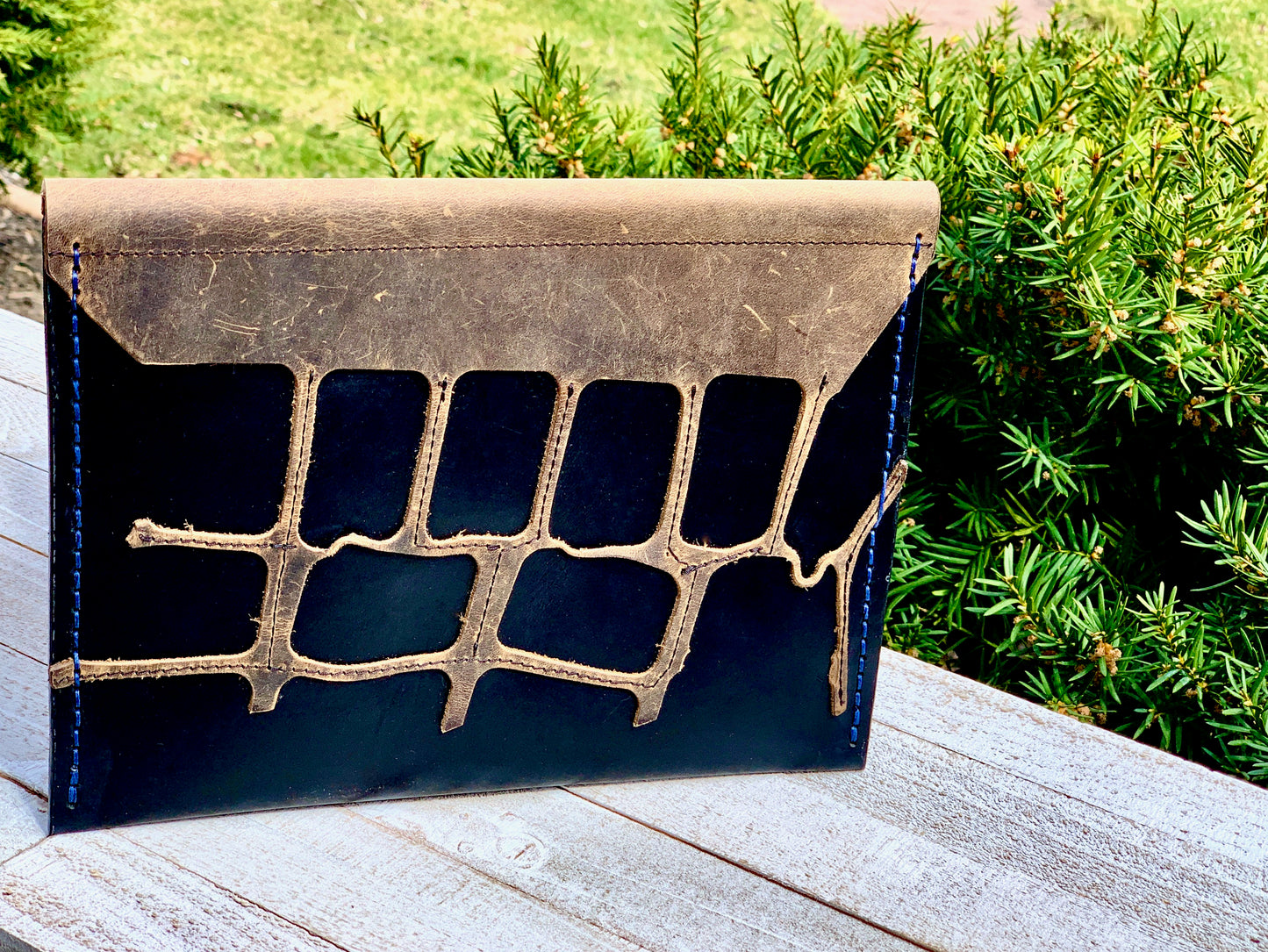 Black and Brown Leather Envelope Clutch Hand Sewn