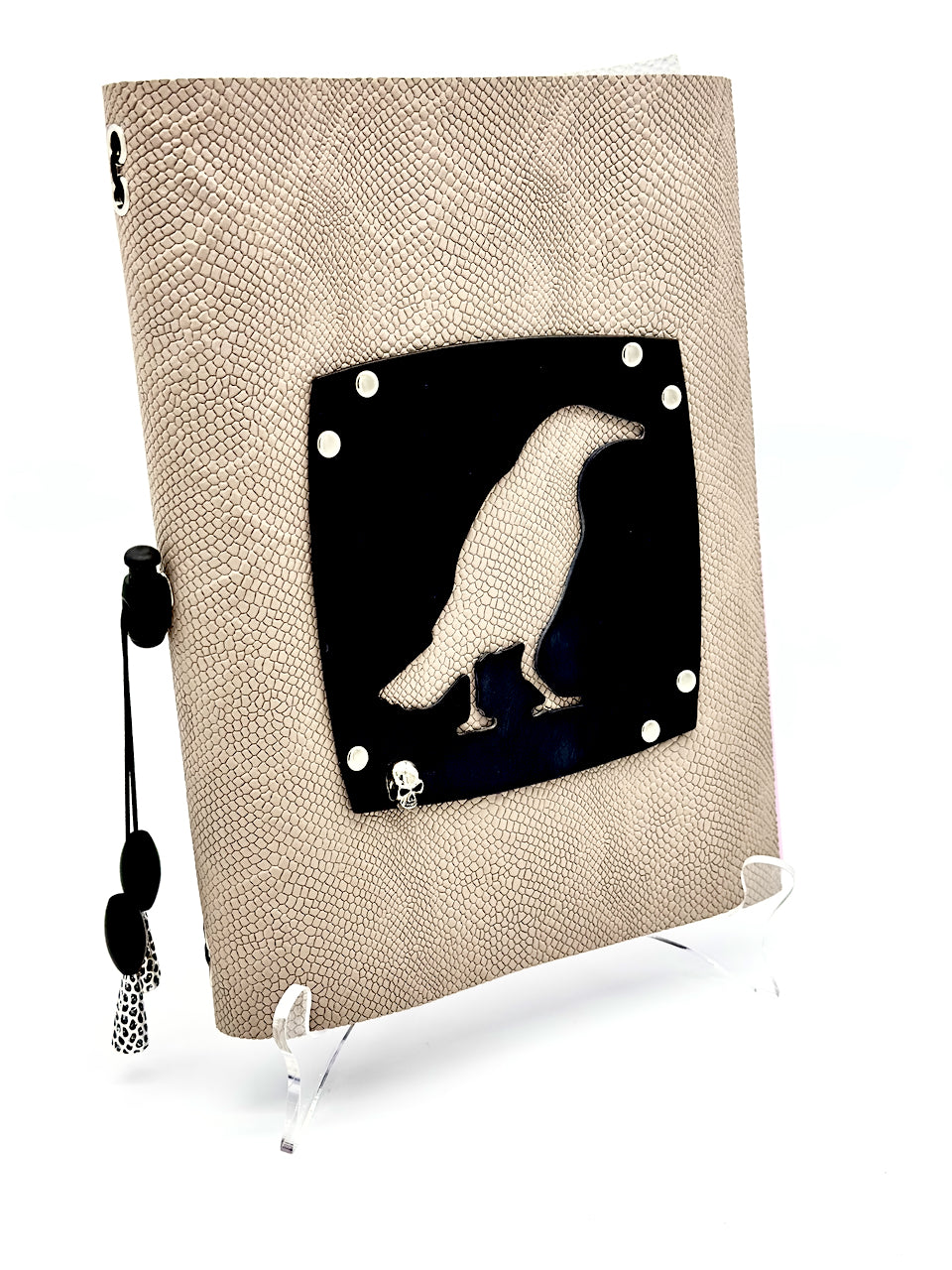 Leather covered blank journal featuring a Black Crow on a Gray Snake Print embossed Leather