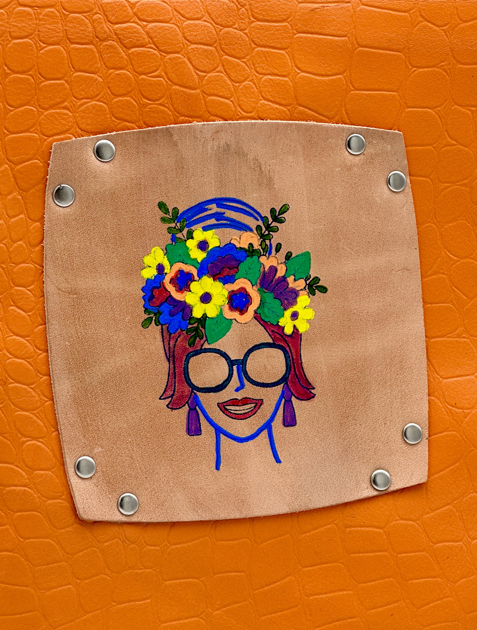 Orange Croco Print "Flowerhead Lady" Refillable Leather Journal