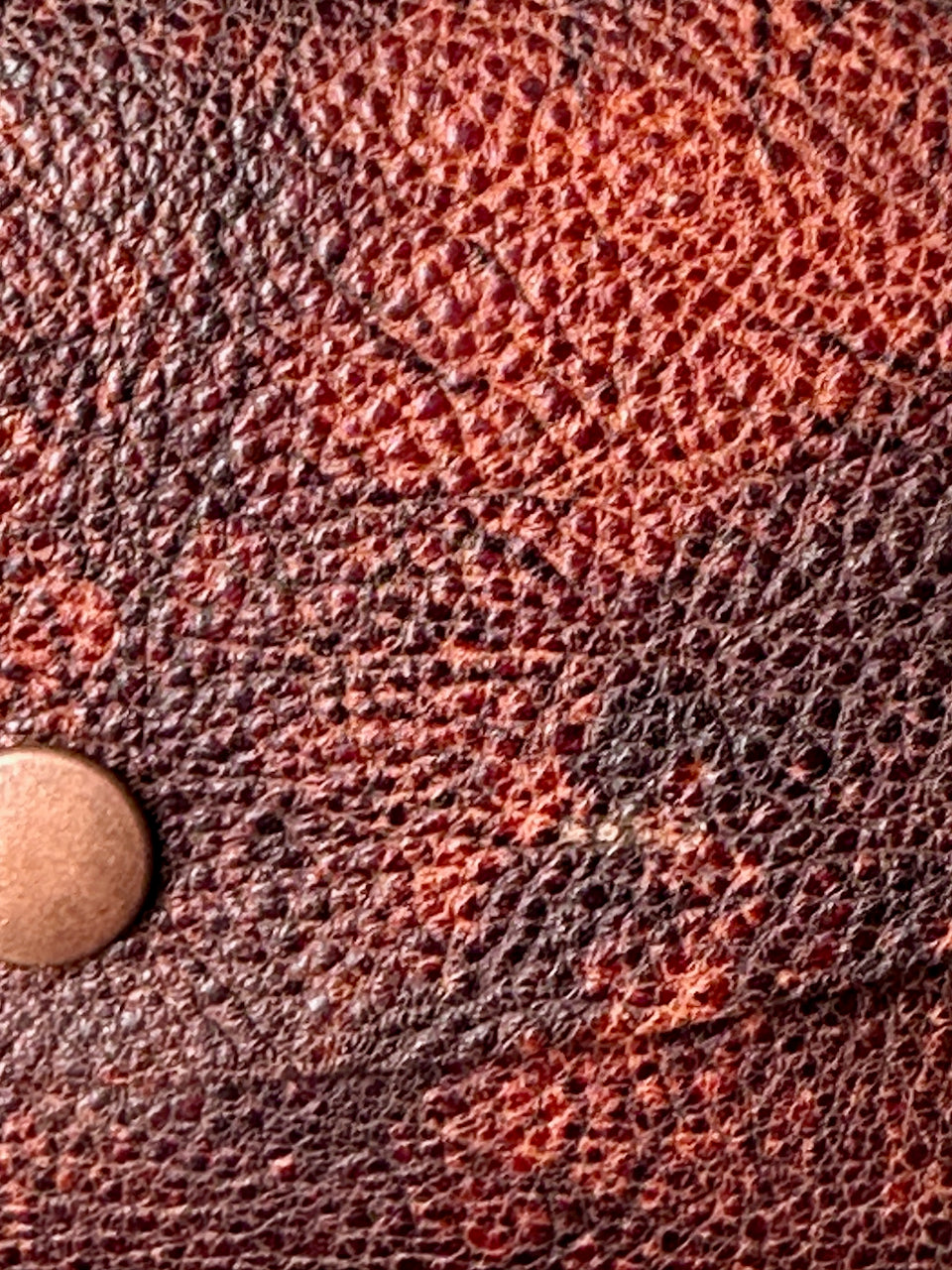 Close-up of textured brownish leather surface with a snap closure