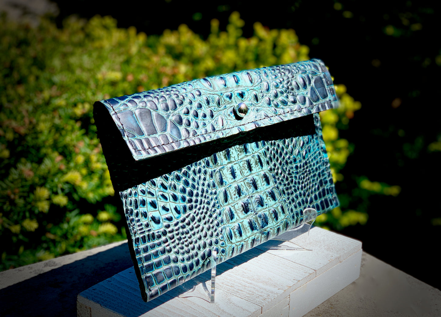 Black and Turquoise Crocodile Embossed Print Clutch Leather Purse