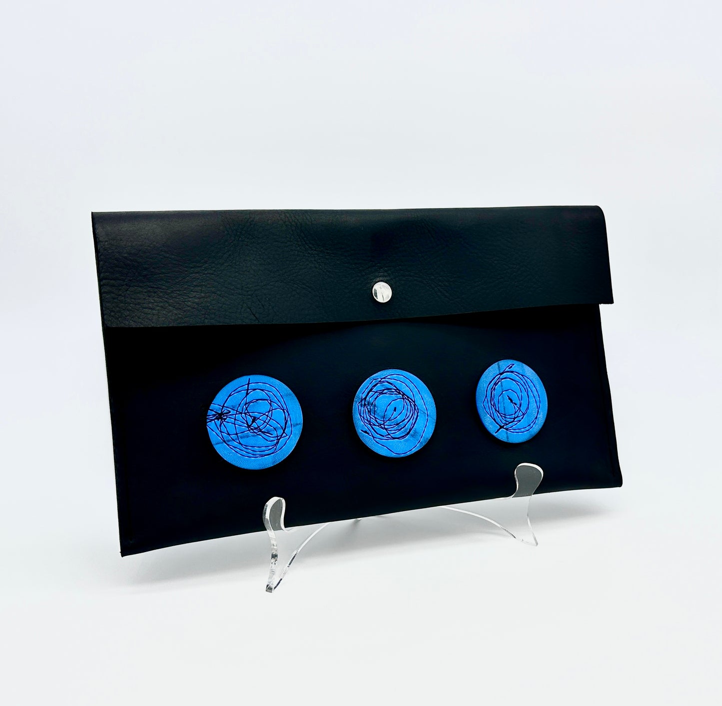 Black Leather Clutch Purse with Upcycled Industrial Rubber Band Circles