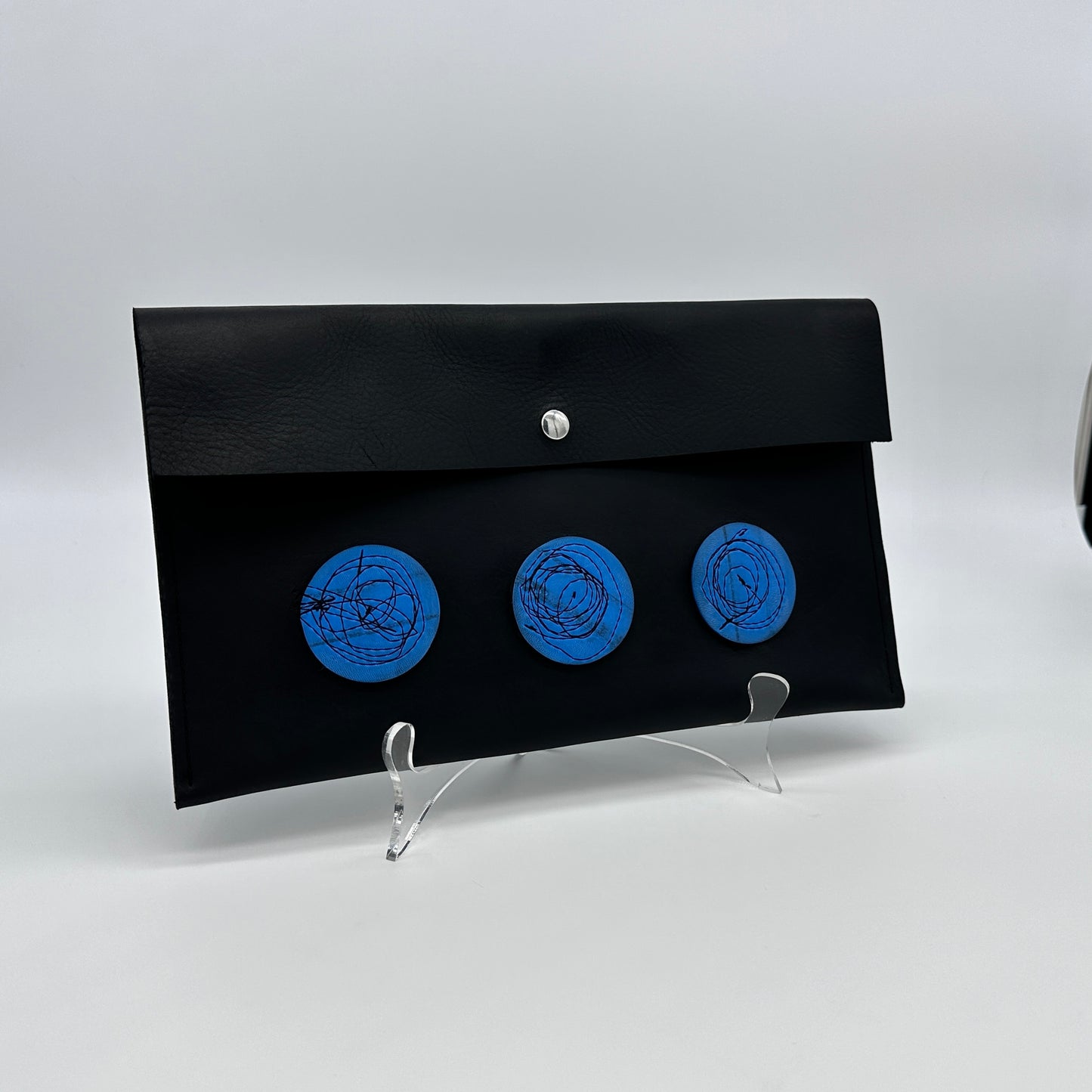 Black Leather Clutch Purse with Upcycled Industrial Rubber Band Circles
