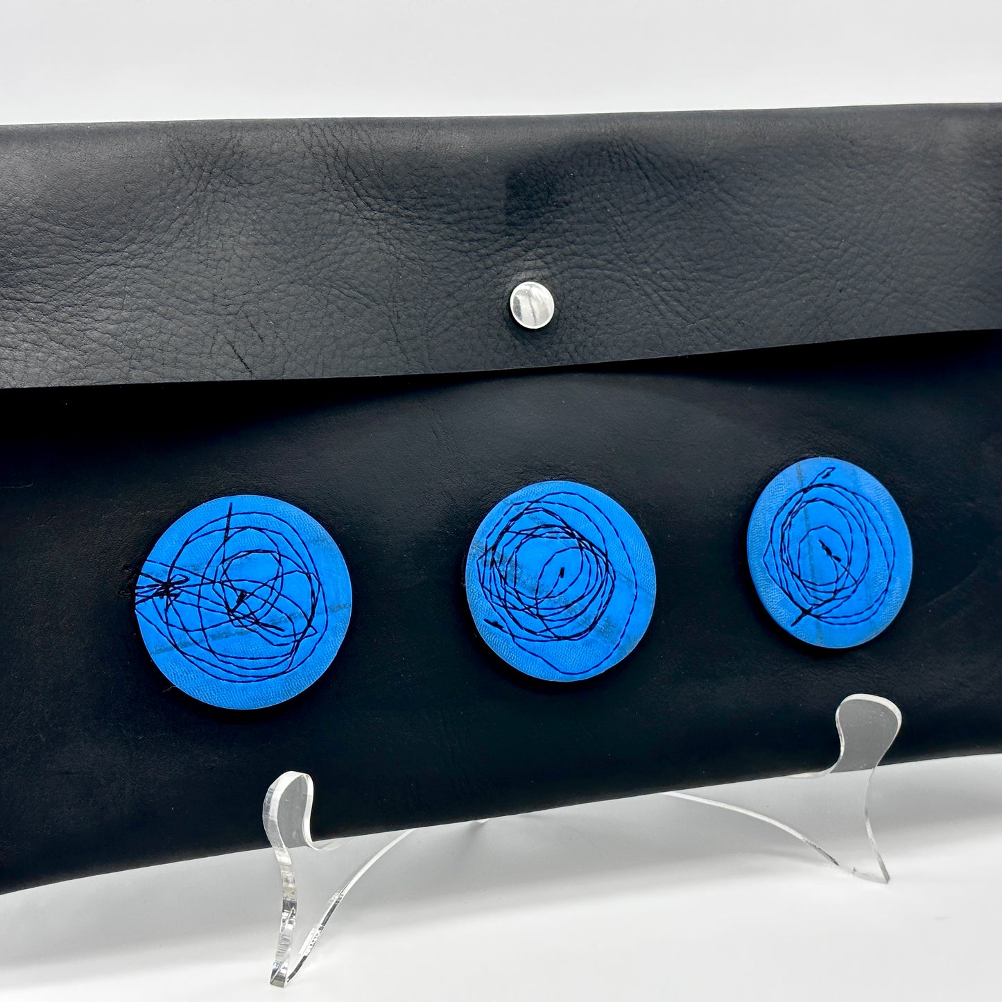 Black Leather Clutch Purse with Upcycled Industrial Rubber Band Circles