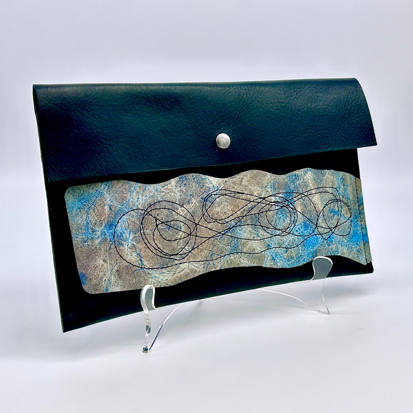 Black Leather Clutch Purse with Blue Gray Stitched Applique Details