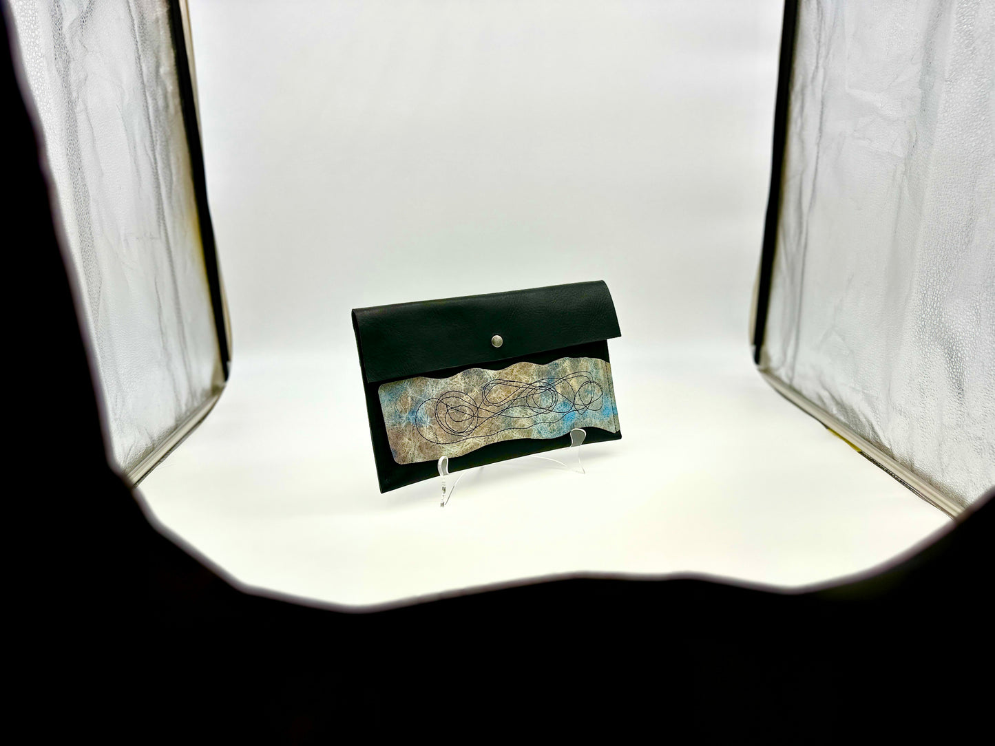 Black Leather Clutch Purse with Blue Gray Stitched Applique Details
