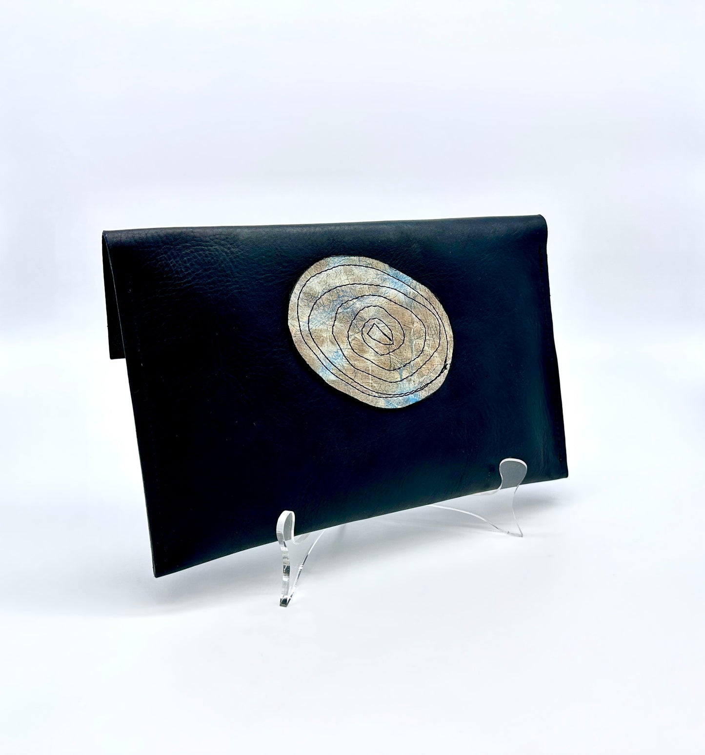 Black Leather Clutch Purse with Blue Gray Stitched Applique Details