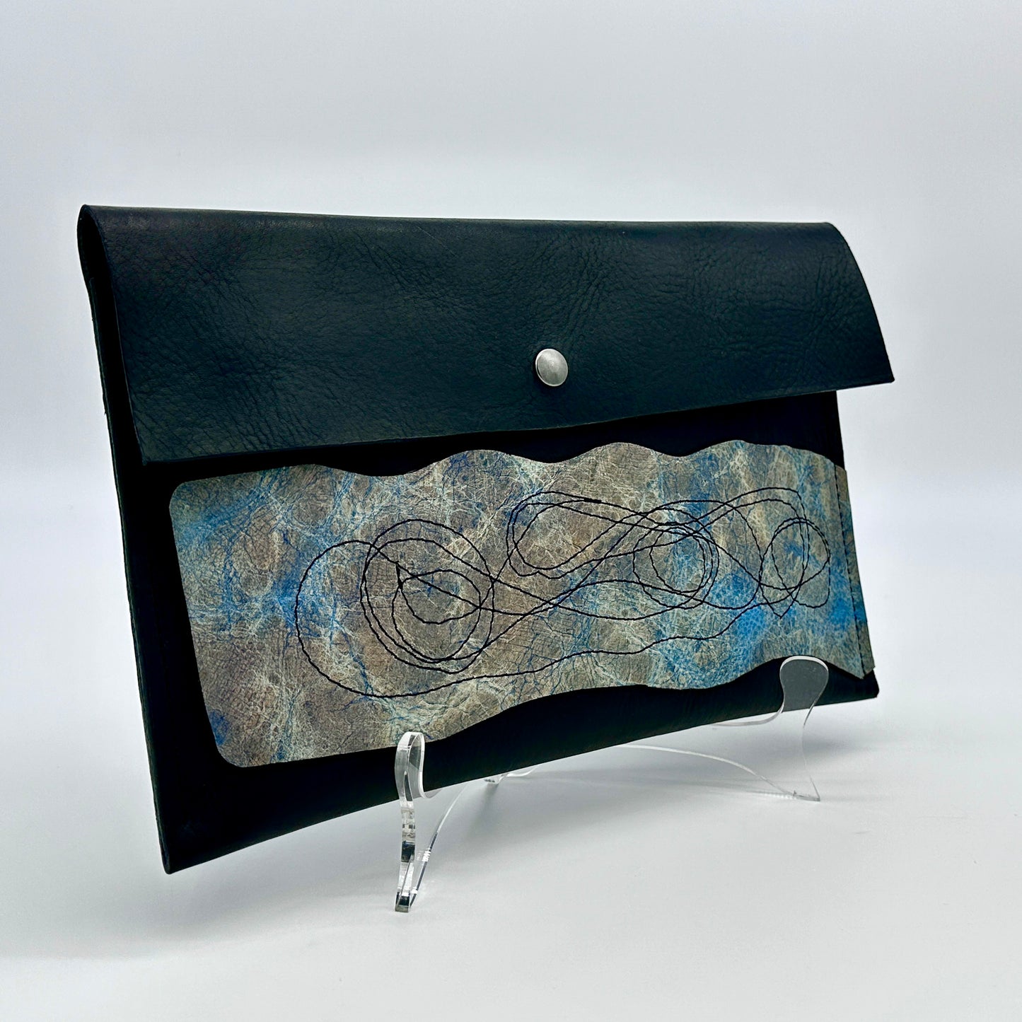 Black Leather Clutch Purse with Blue Gray Stitched Applique Details