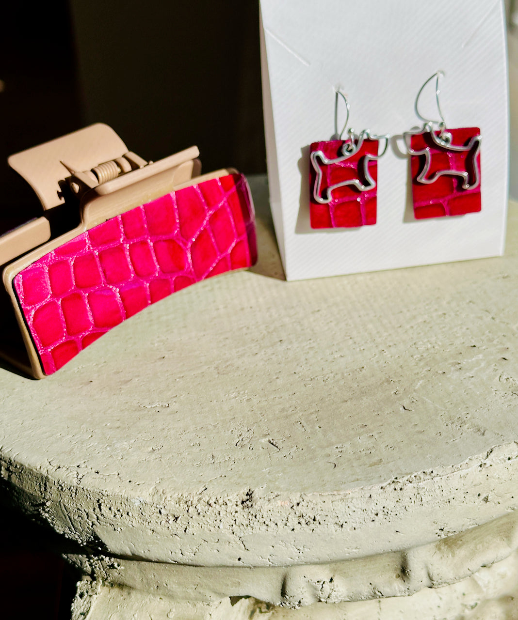 Pink Leather Claw Clip and Matching Dog Earrings Set