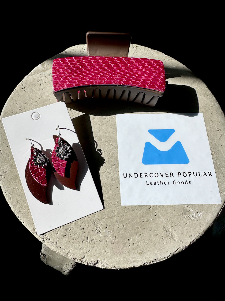 Raspberry Sunflower Leather Claw Clip and Matching Earrings Set
