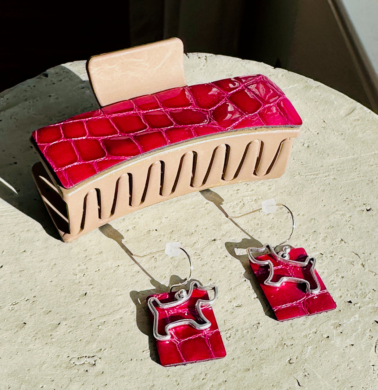 Pink Leather Claw Clip and Matching Dog Earrings Set