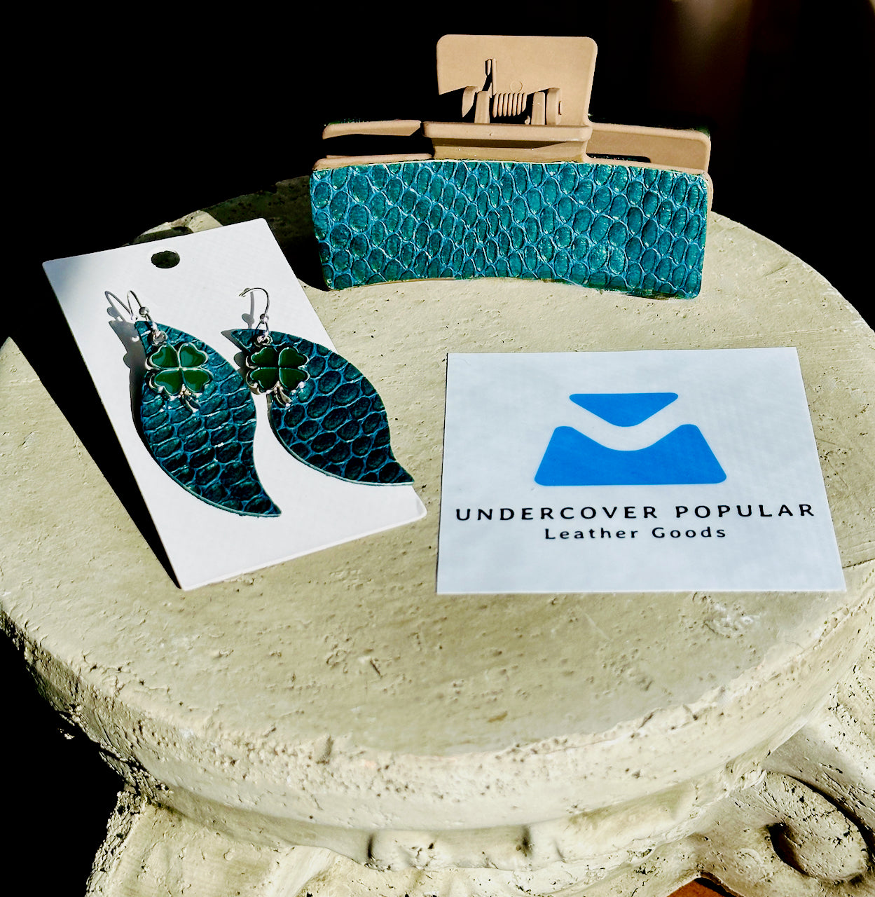 Green Snake Leather Claw Clip and Matching Earrings Set