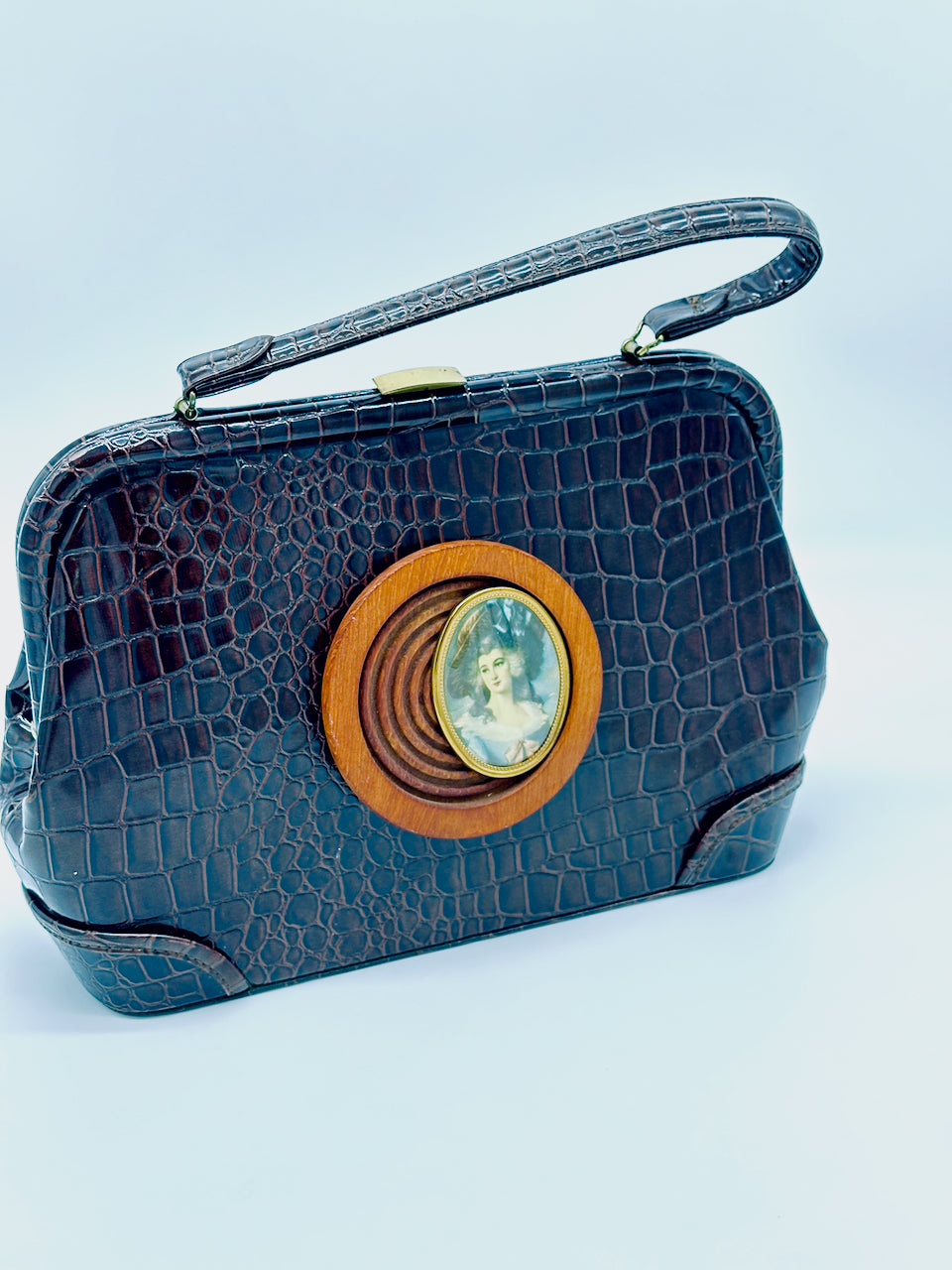 Lady Blue Bell on Brown Croco Print Vintage Handbag