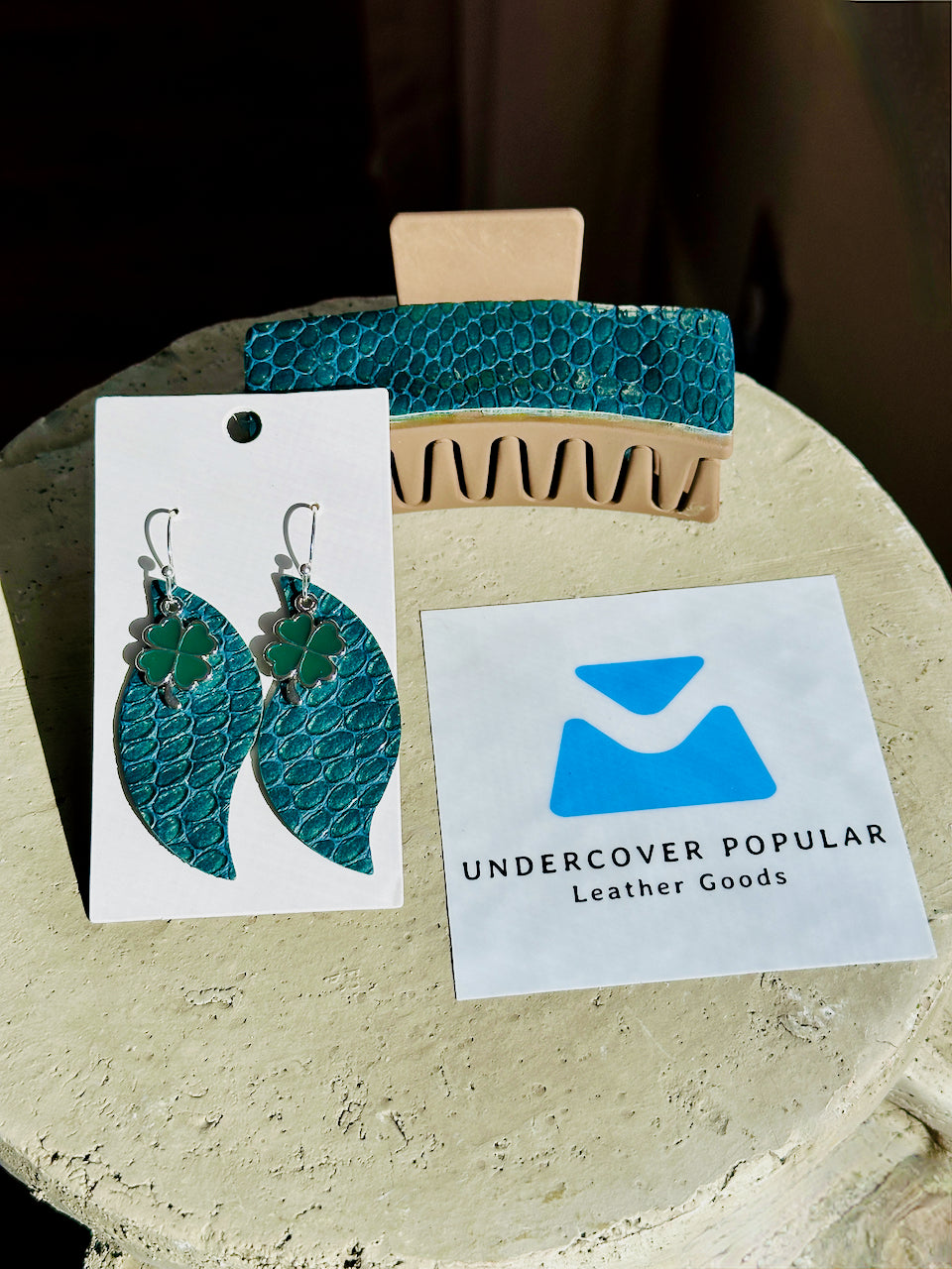 Green Snake Leather Claw Clip and Matching Earrings Set