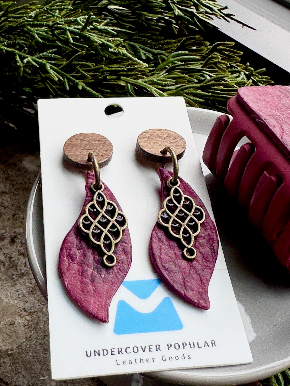 Burgundy Red Leather Hair Claw Clip and Earrings