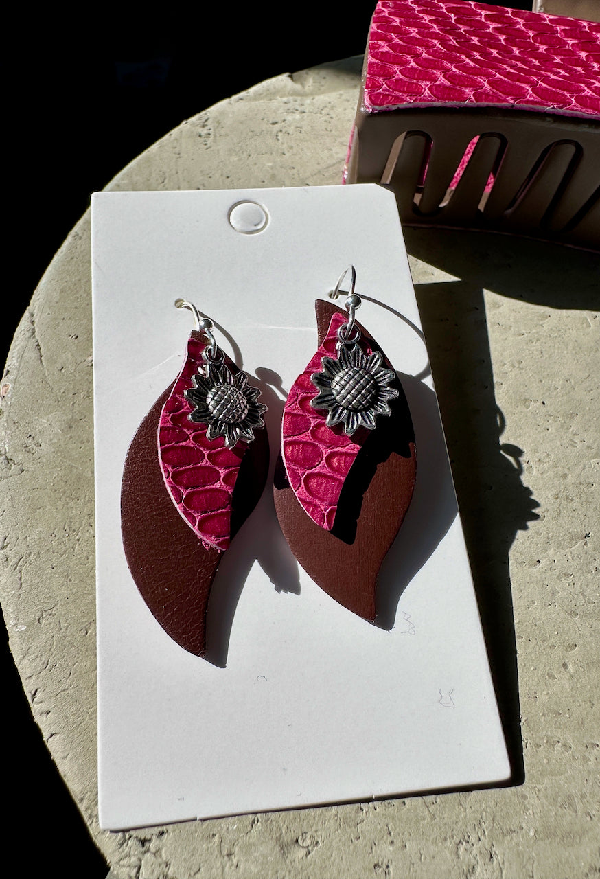 Raspberry Sunflower Leather Claw Clip and Matching Earrings Set