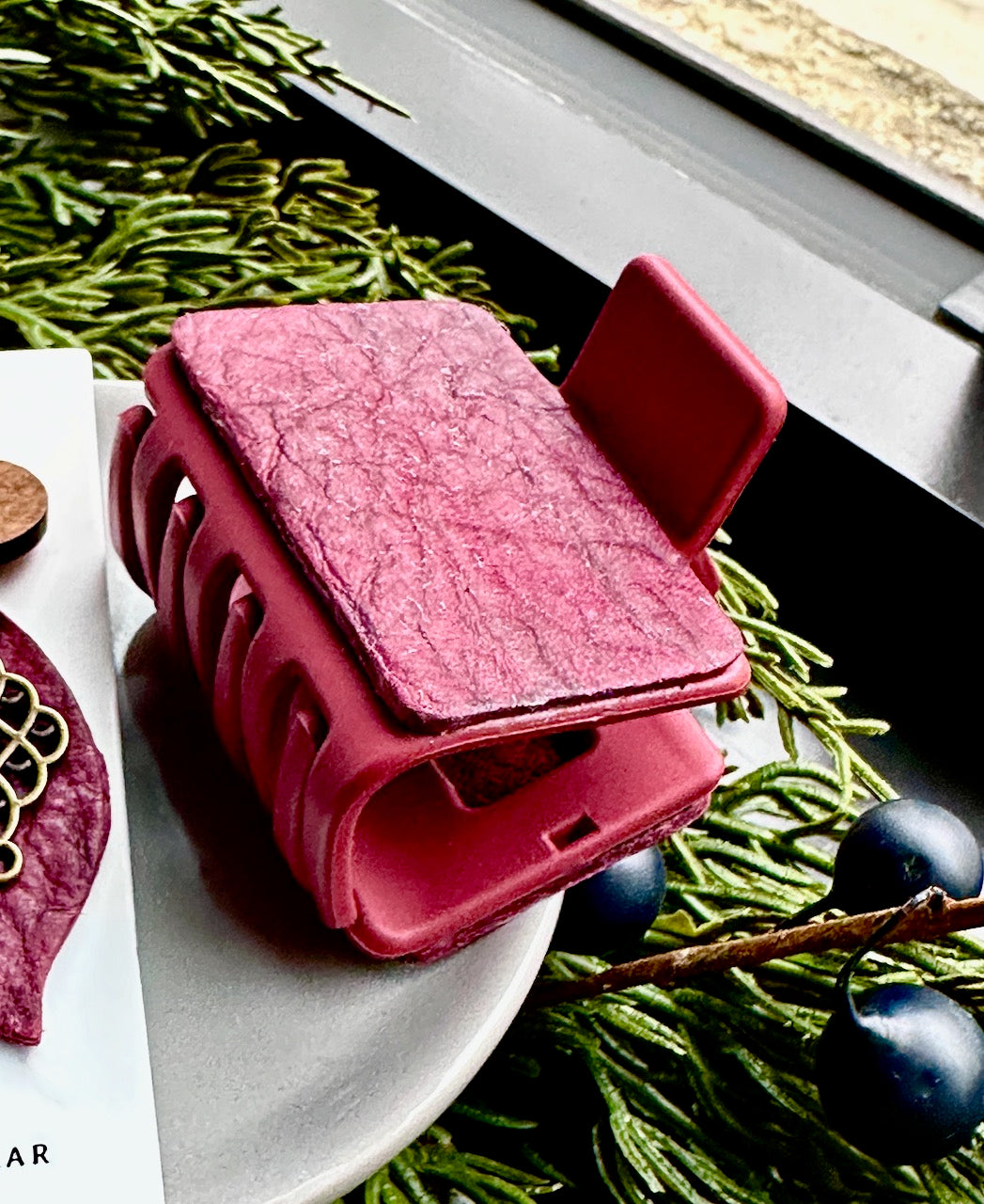 Burgundy Red Leather Hair Claw Clip and Earrings