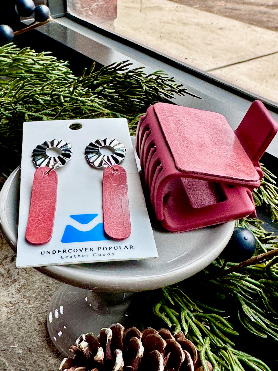 Salmon Pink Leather Hair Claw Clip and Earrings Set