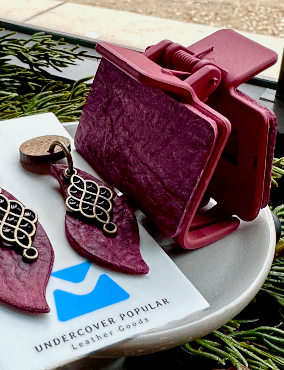 Burgundy Red Leather Hair Claw Clip and Earrings