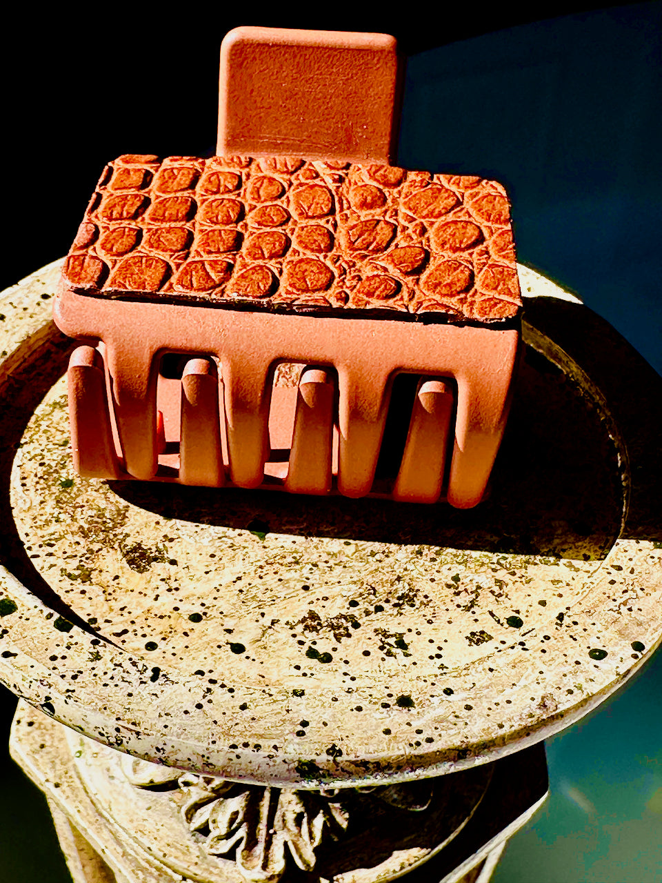 Brown Crocodile Leather Claw Clip and Matching Earrings Set