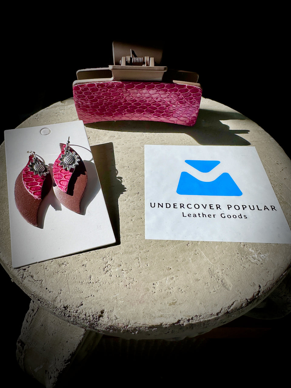Raspberry Sunflower Leather Claw Clip and Matching Earrings Set