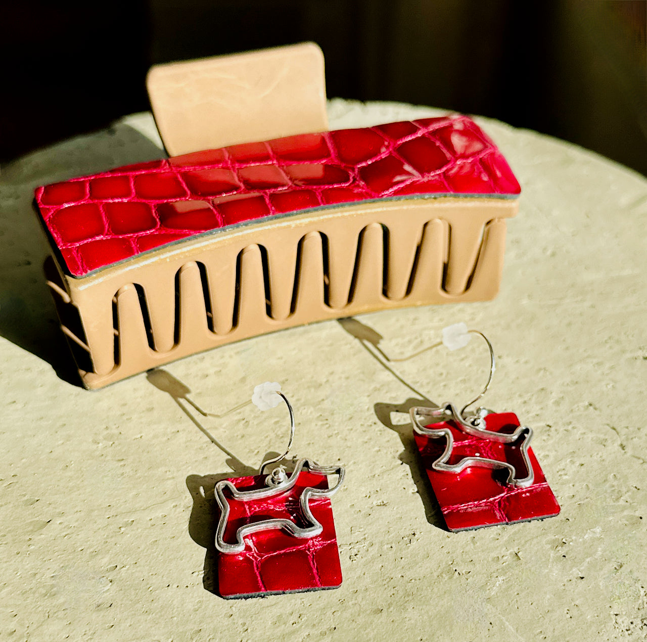 Pink Leather Claw Clip and Matching Dog Earrings Set
