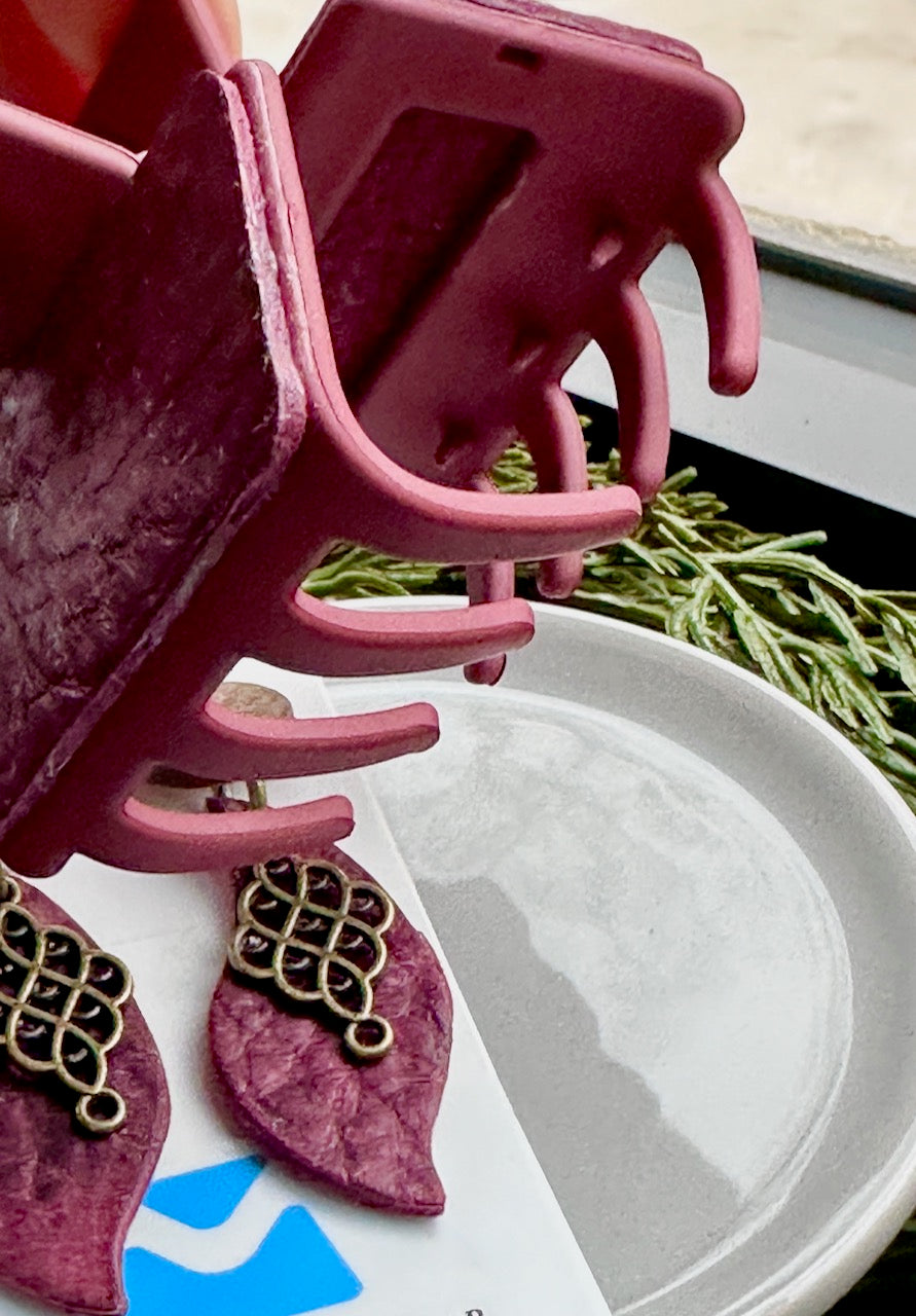 Burgundy Red Leather Hair Claw Clip and Earrings