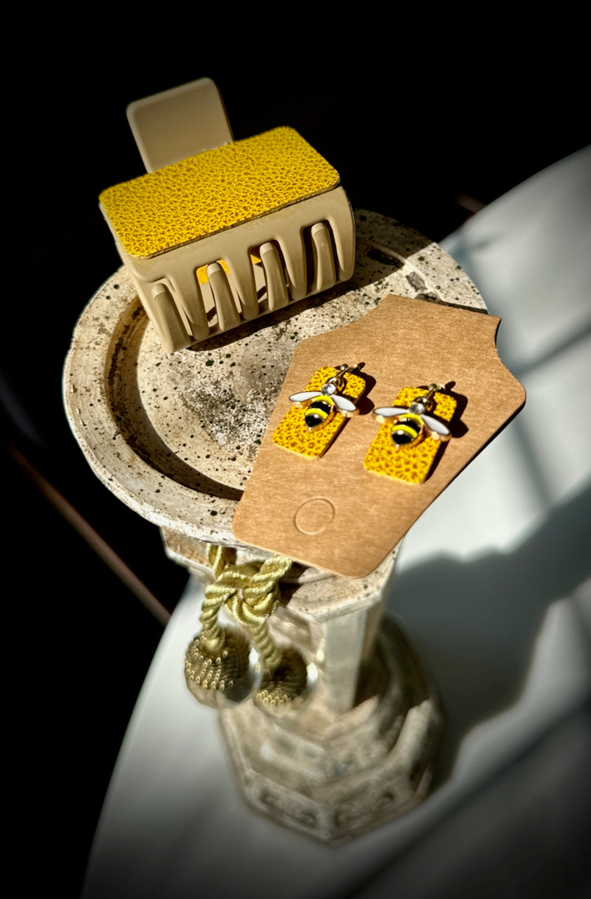 Yellow Bumblebee Leather Claw Clip and Matching Earrings Set