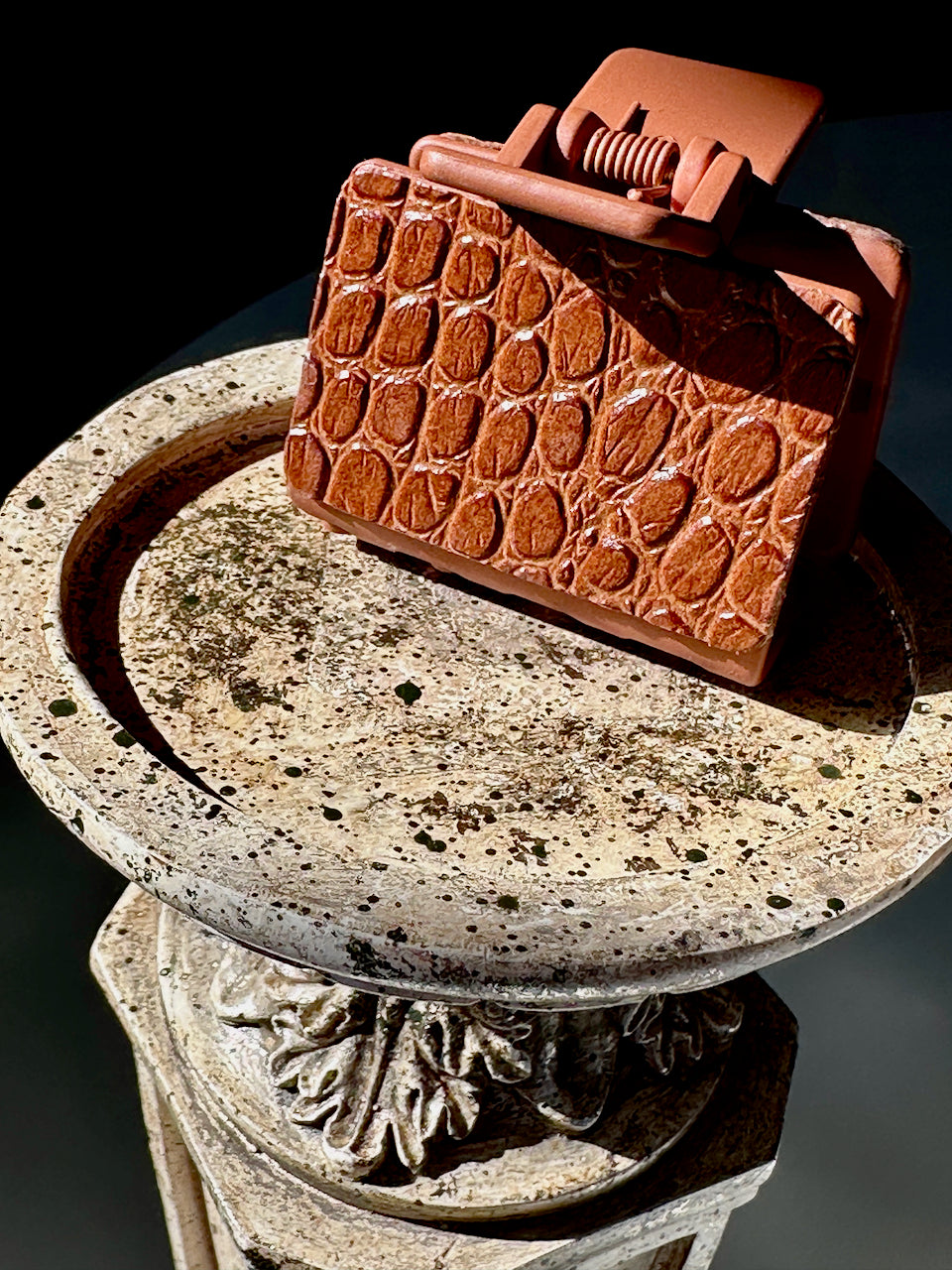 Brown Crocodile Leather Claw Clip and Matching Earrings Set