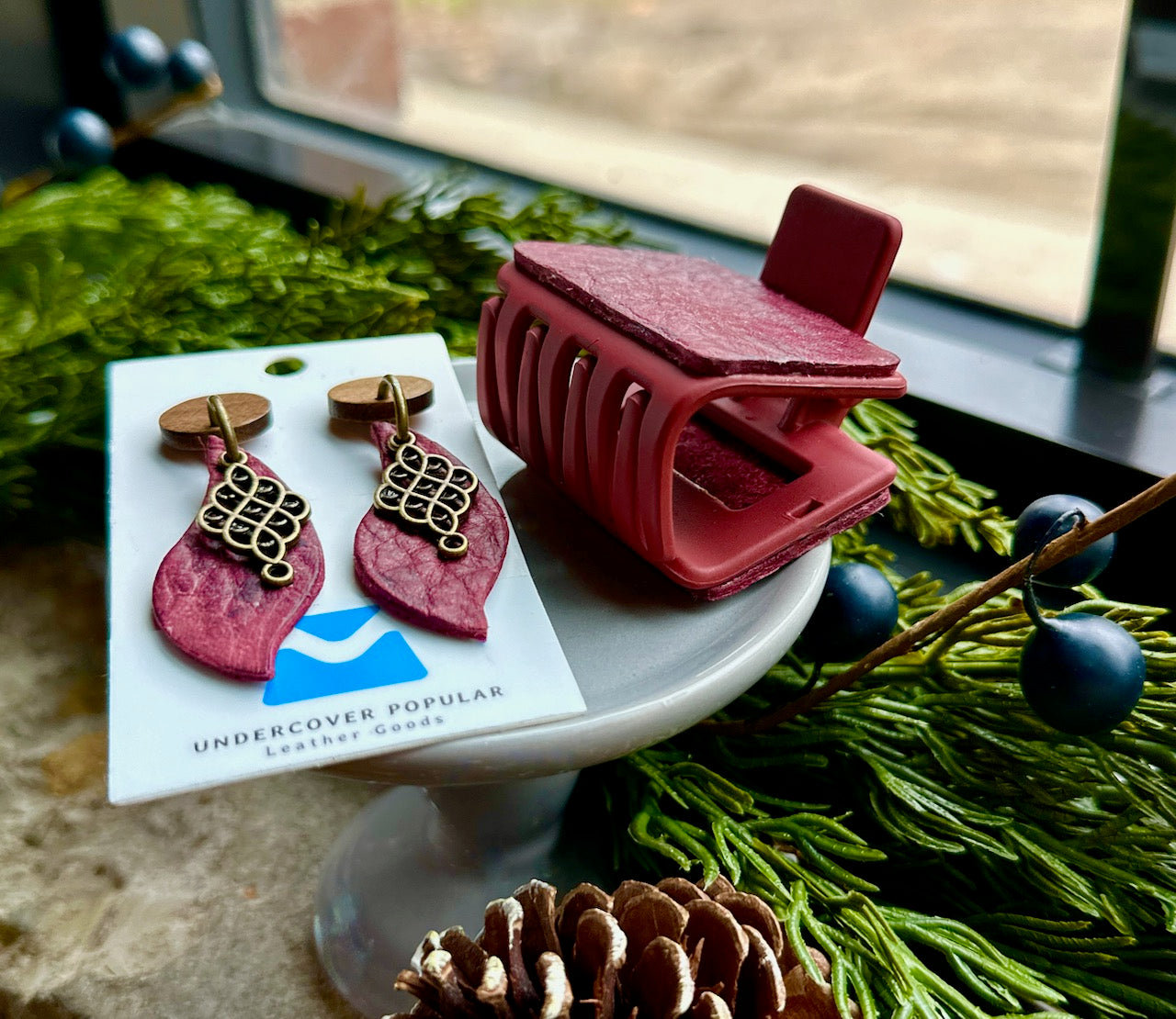 Burgundy Red Leather Hair Claw Clip and Earrings