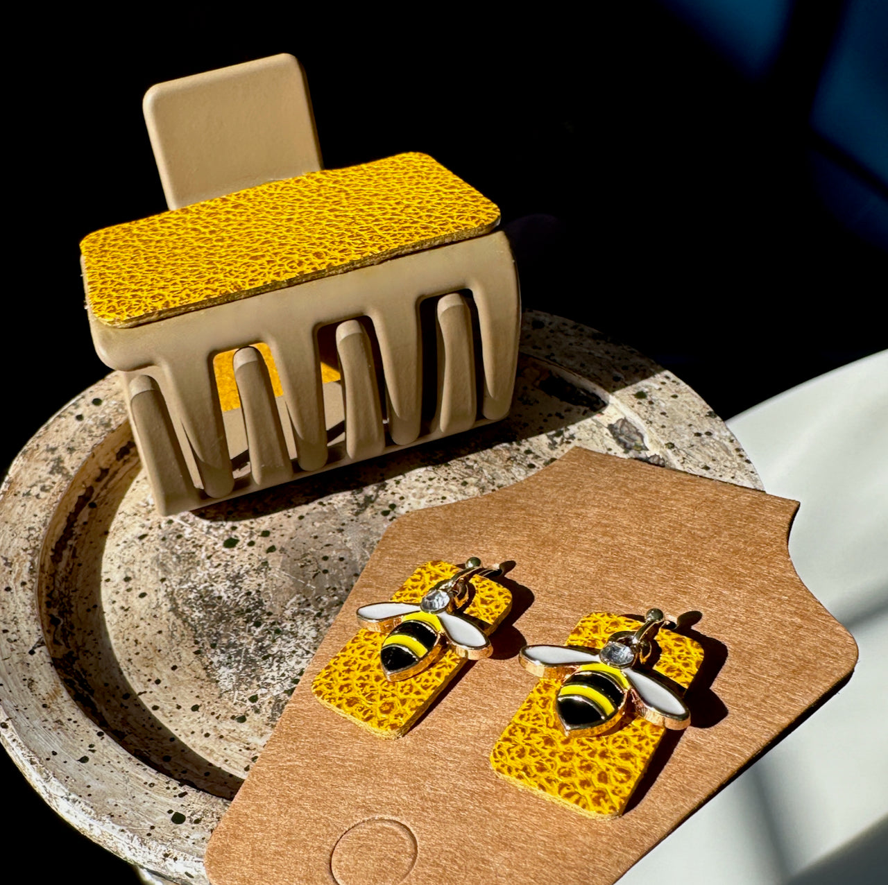 Yellow Bumblebee Leather Claw Clip and Matching Earrings Set