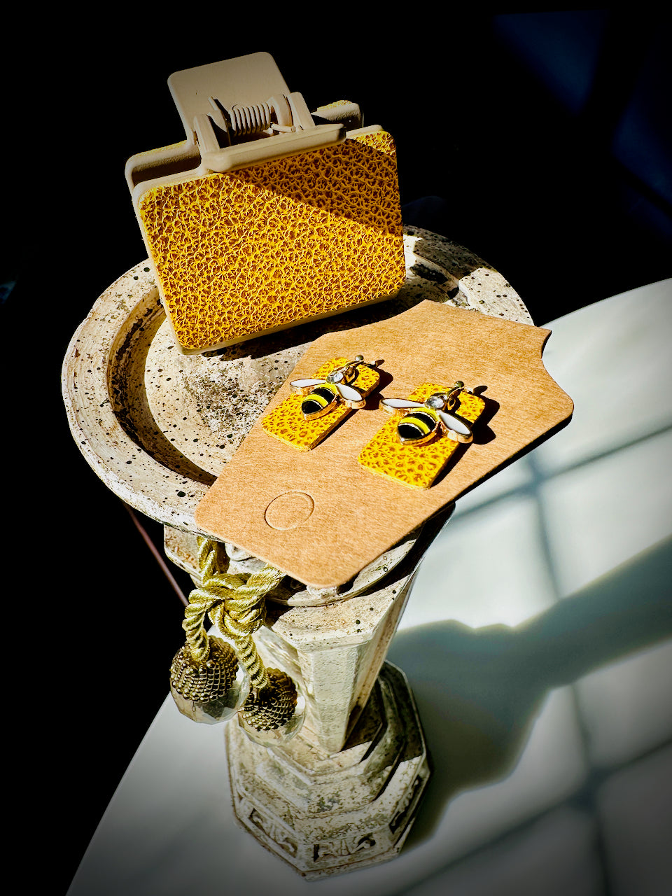 Yellow Bumblebee Leather Claw Clip and Matching Earrings Set