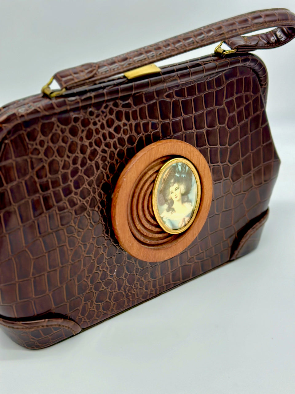 Lady Blue Bell on Brown Croco Print Vintage Handbag