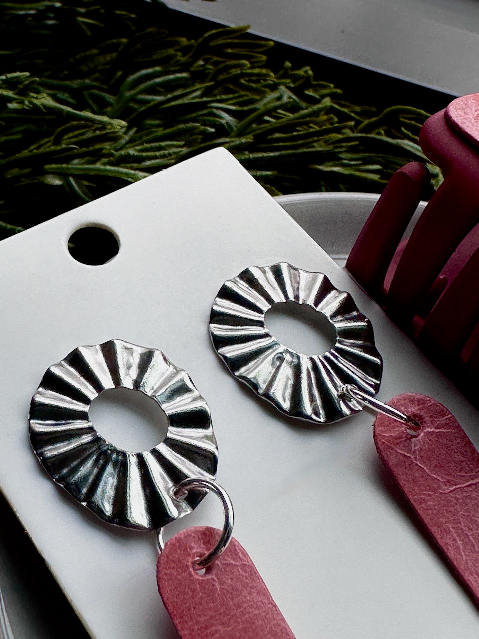 Salmon Pink Leather Hair Claw Clip and Earrings Set