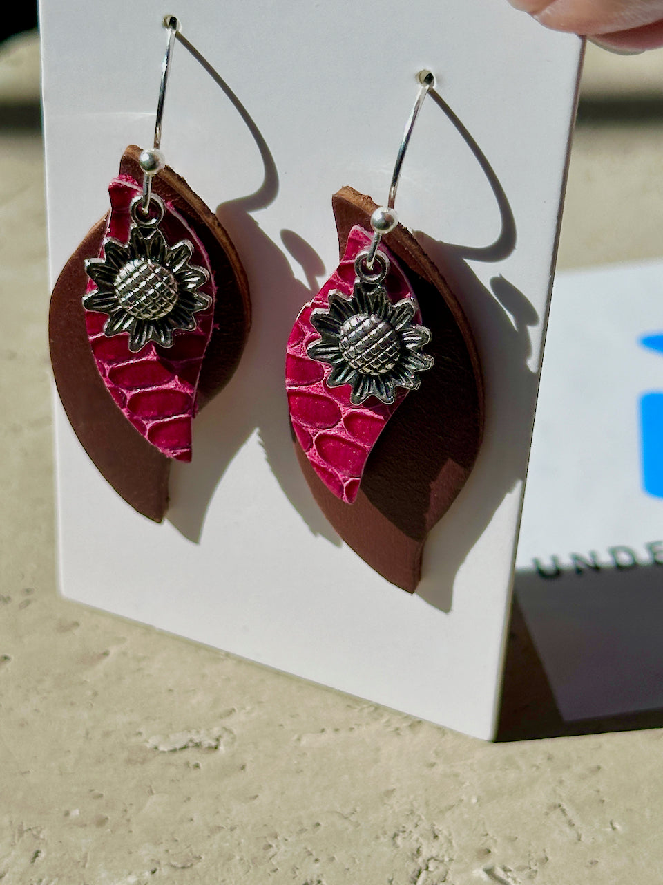 Raspberry Sunflower Leather Claw Clip and Matching Earrings Set