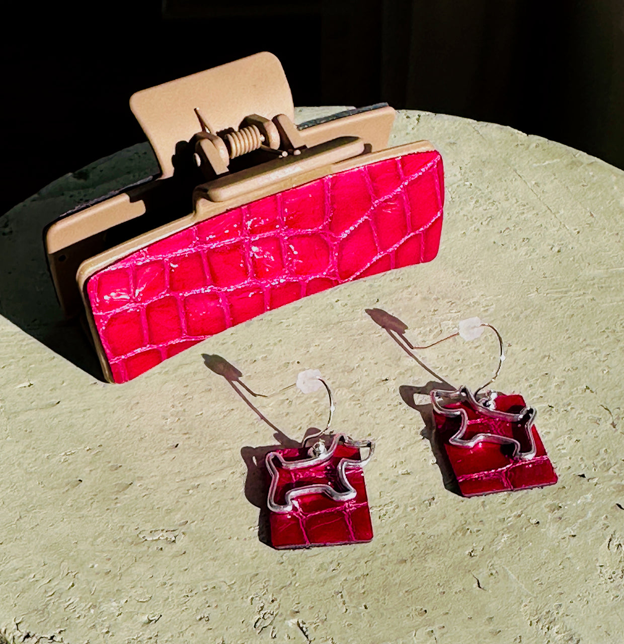 Pink Leather Claw Clip and Matching Dog Earrings Set