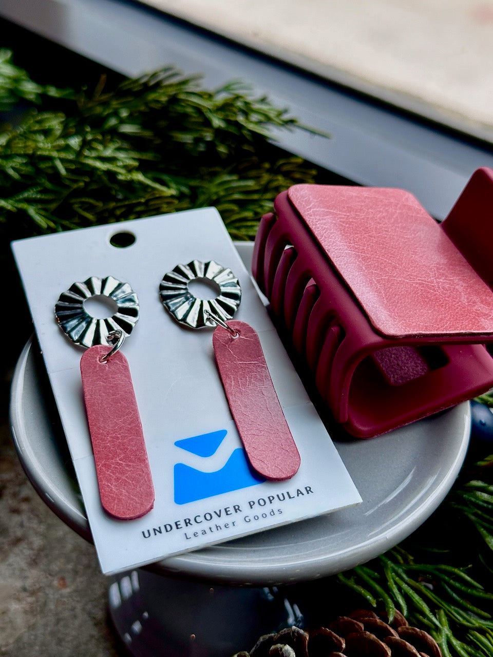 Salmon Pink Leather Hair Claw Clip and Earrings Set