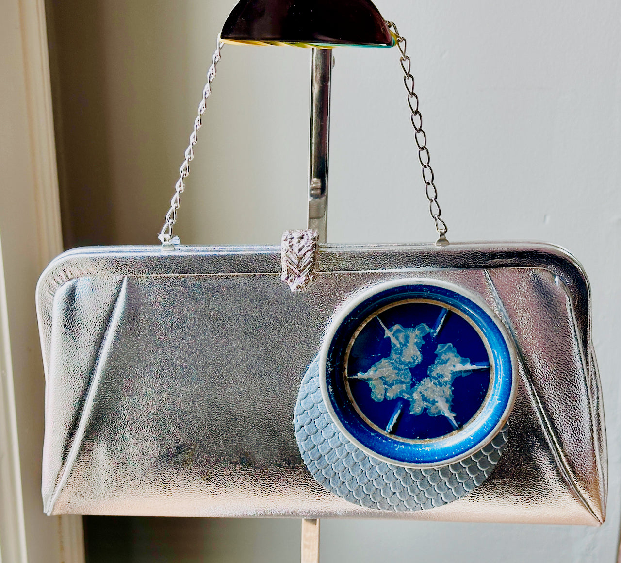 "Icy Blue Bow Wow" Upcycled Vintage Clutch Convertible Purse