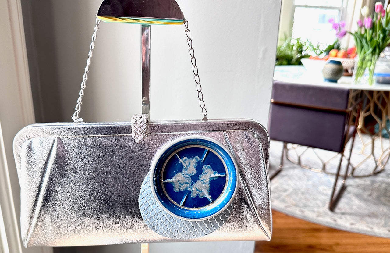 "Icy Blue Bow Wow" Upcycled Vintage Clutch Convertible Purse