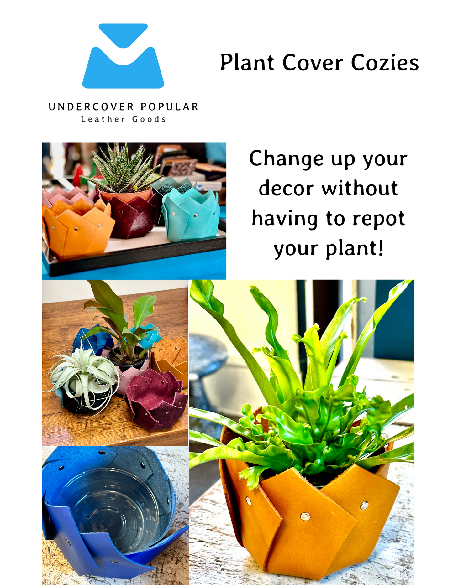 Plant cover cozies with Undercover Popular logo and text 'Change up your decor without having to repot your plant!'.
