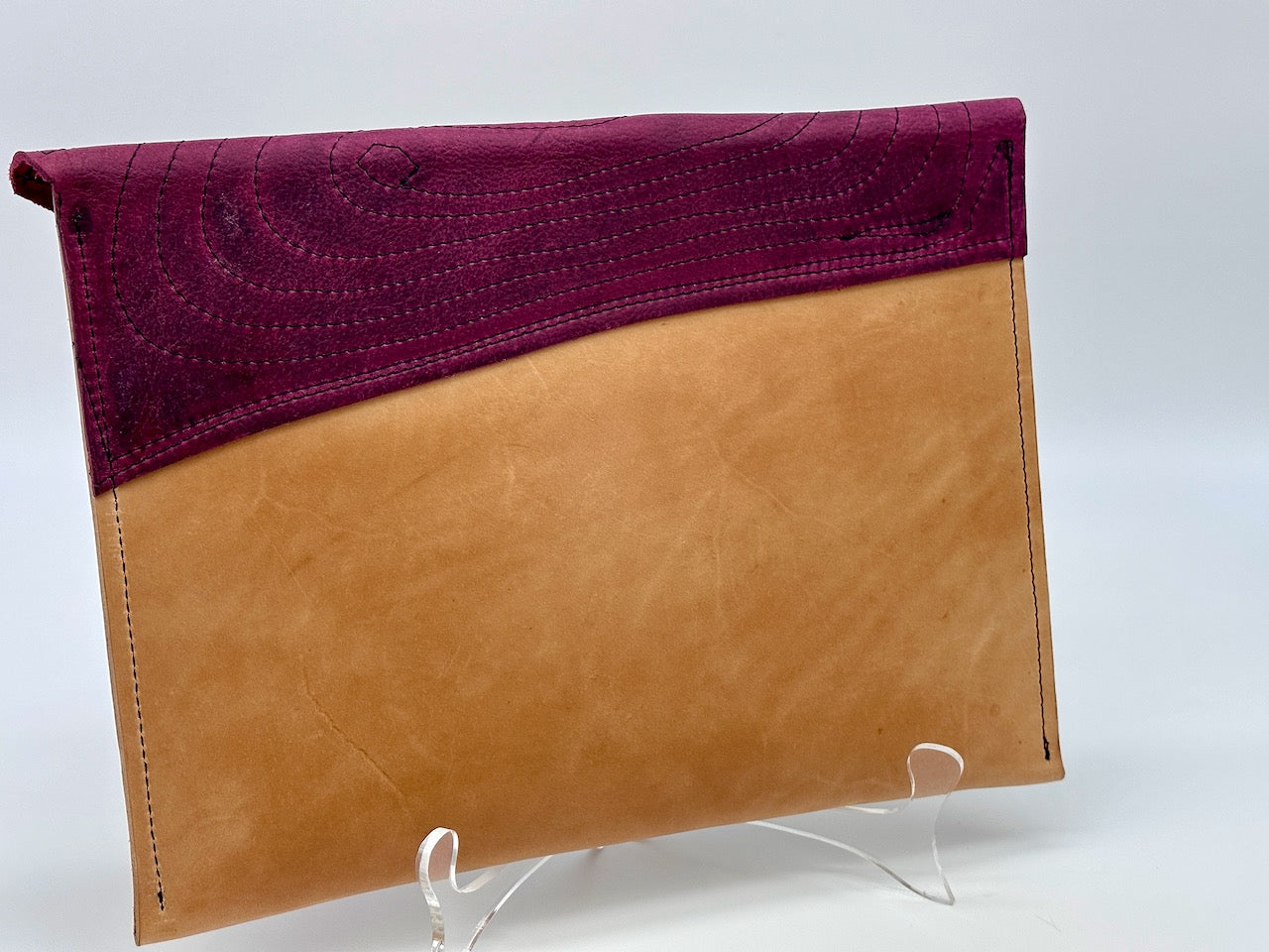 Large Clutch Purse Handbag Tan and Reddish Purple with Decorative Stitching