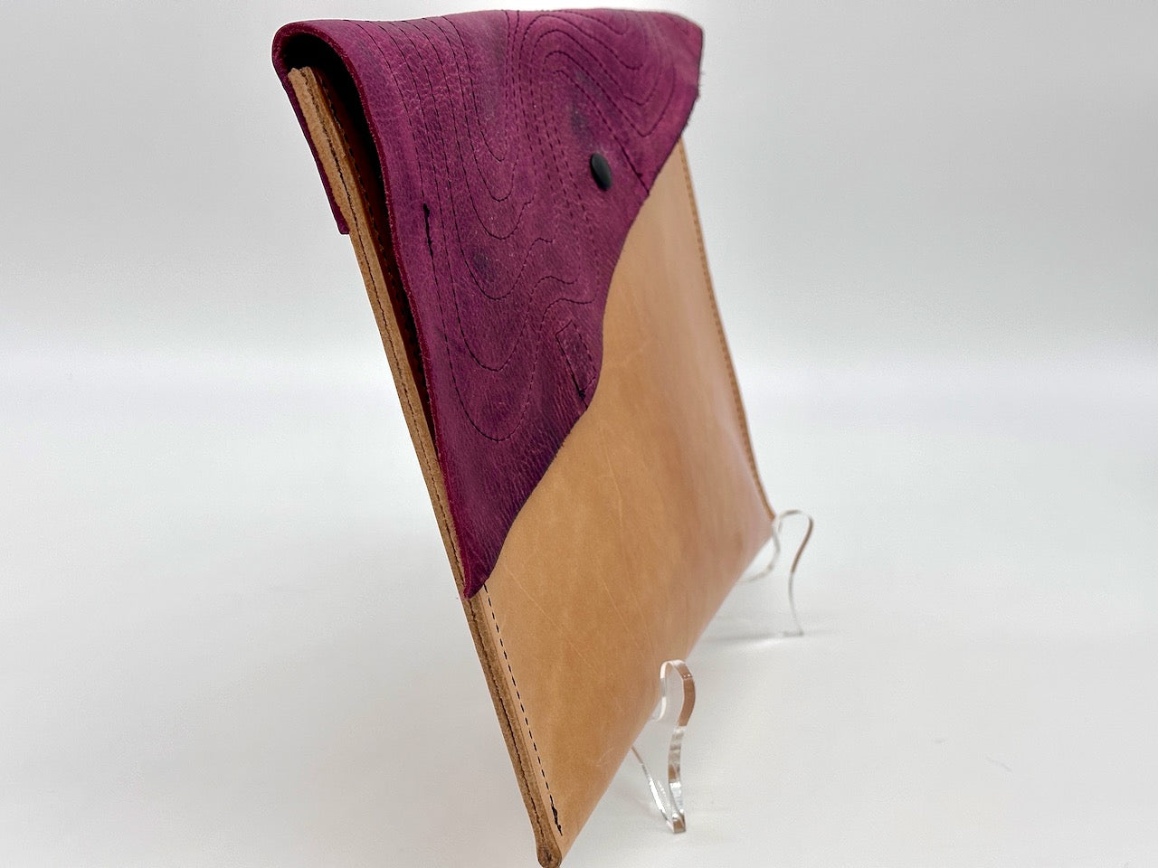 Large Clutch Purse Handbag Tan and Reddish Purple with Decorative Stitching