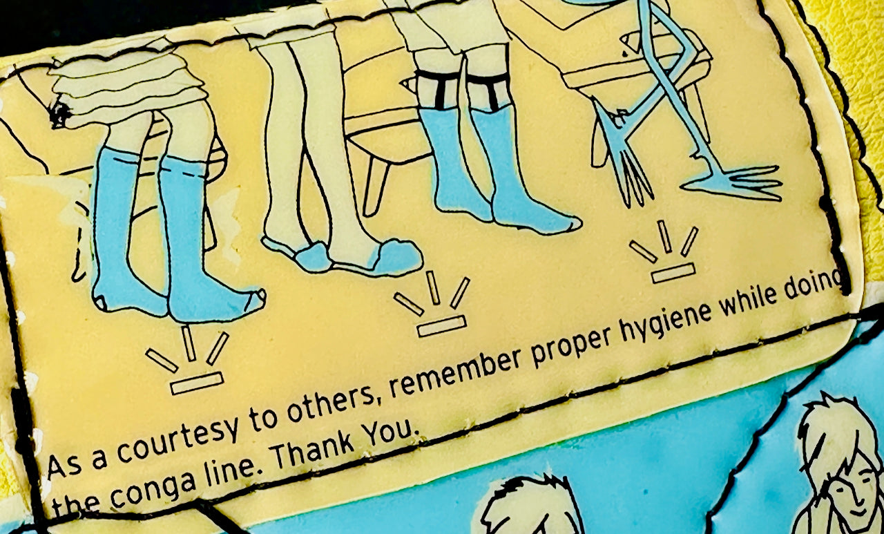 Cartoon illustration of people in blue rain boots and yellow pants with text about hygiene.