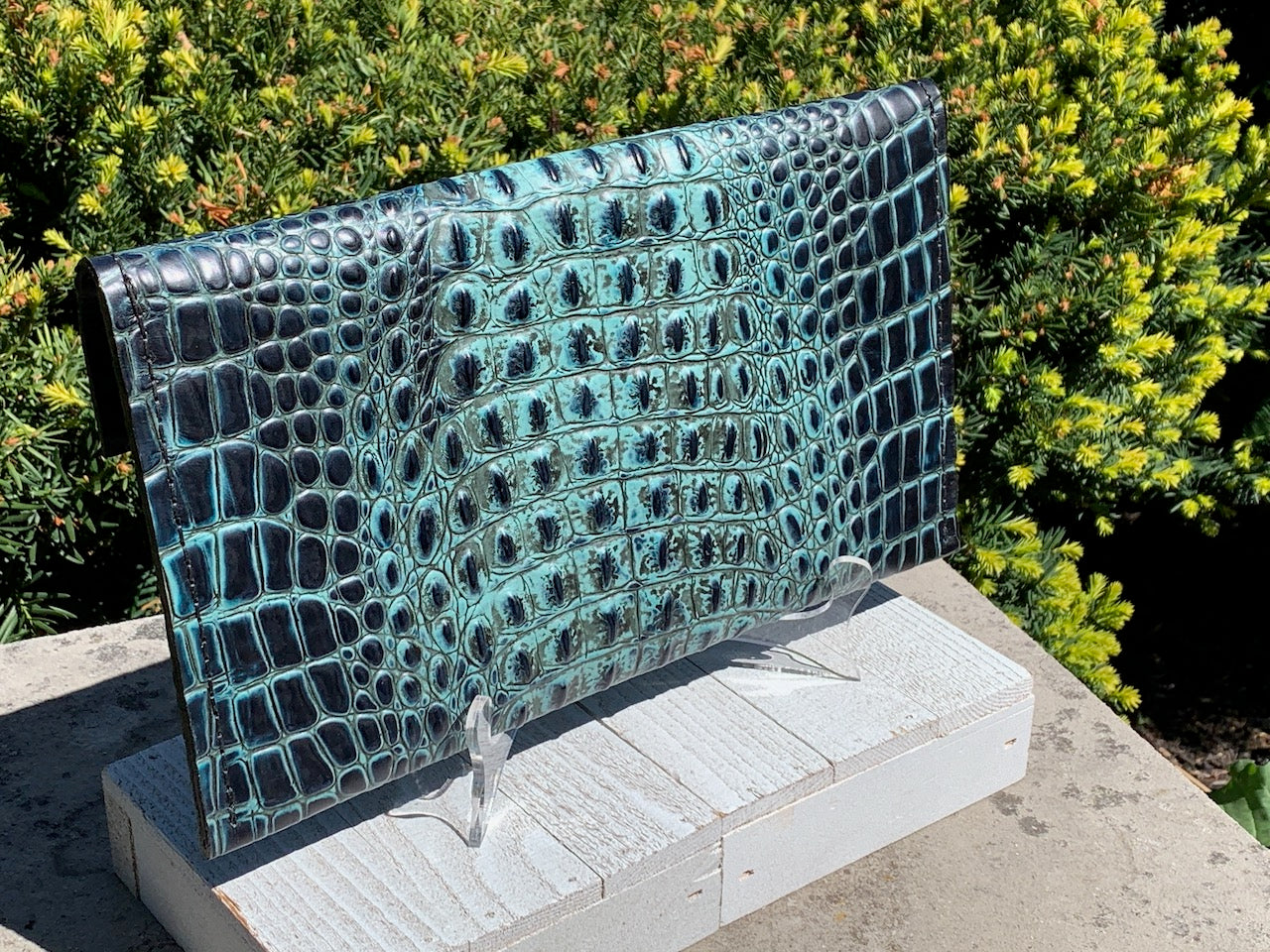 Black and Turquoise Crocodile Embossed Print Clutch Leather Purse