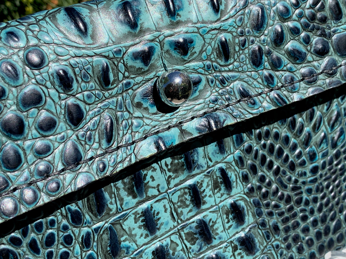 Black and Turquoise Crocodile Embossed Print Clutch Leather Purse