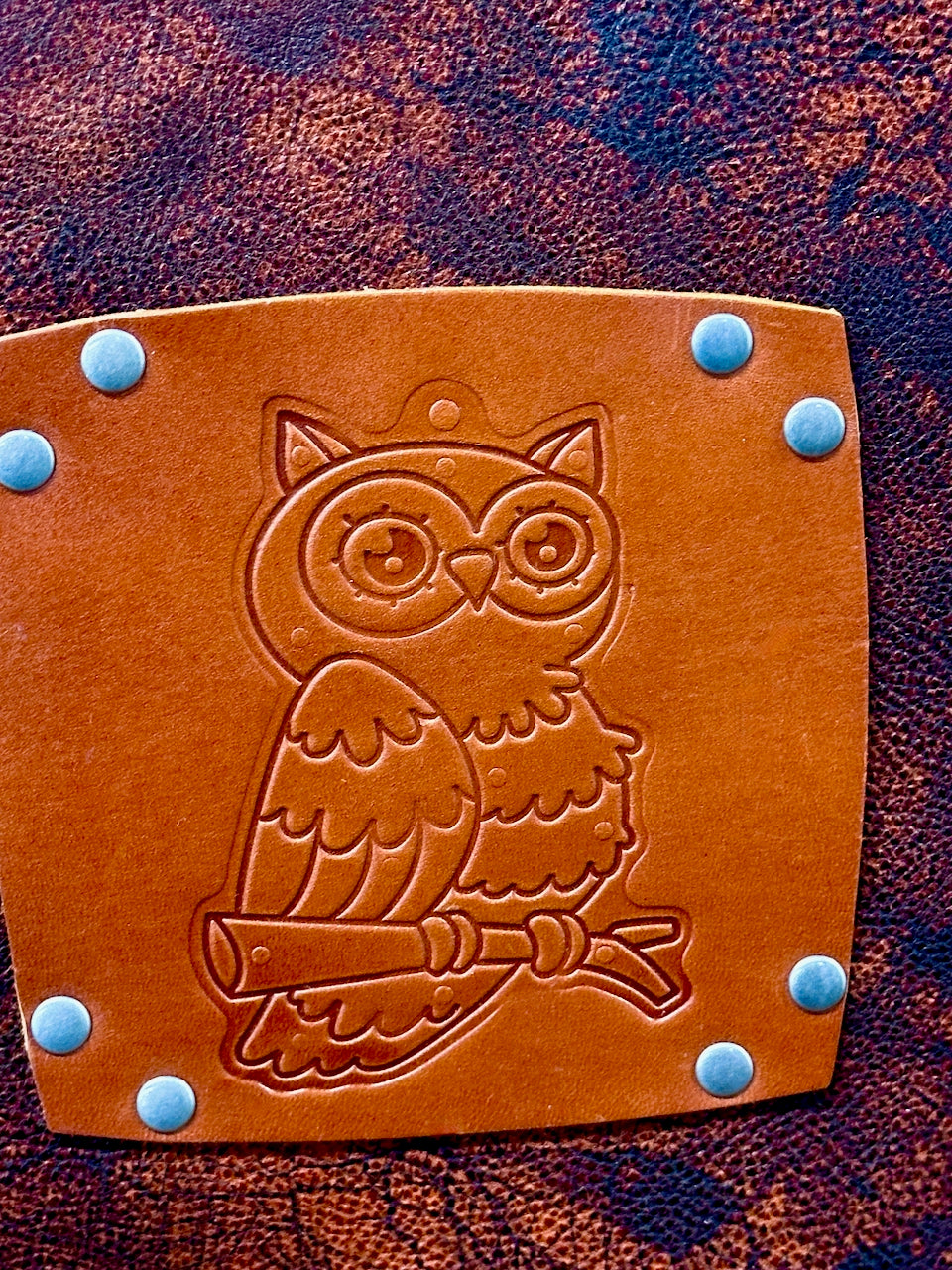 detail of embossed owl on tree branch on leather journal