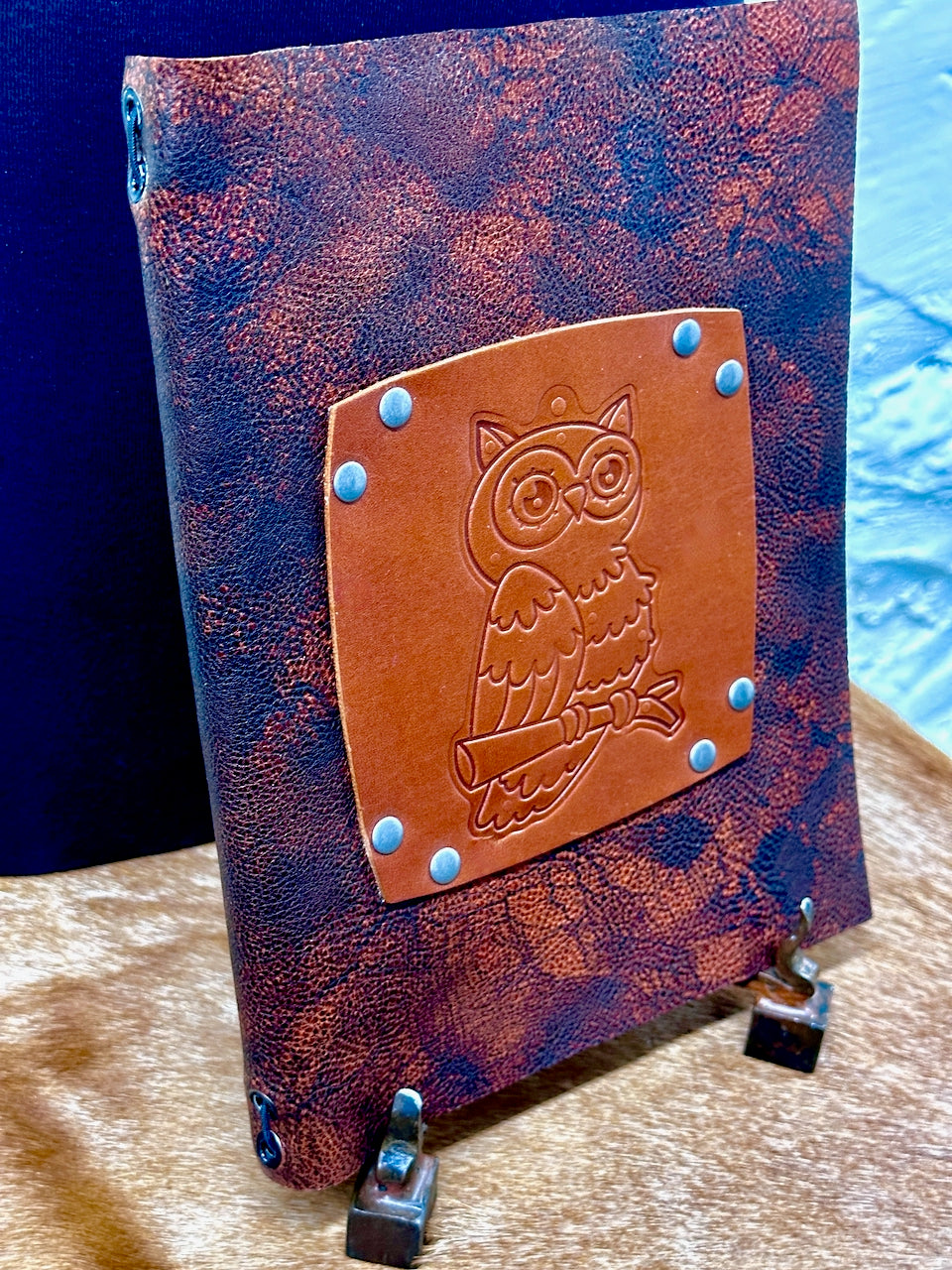 leather journal with an owl image on the front cover handcrafted by Undercover Popular Leather Goods
